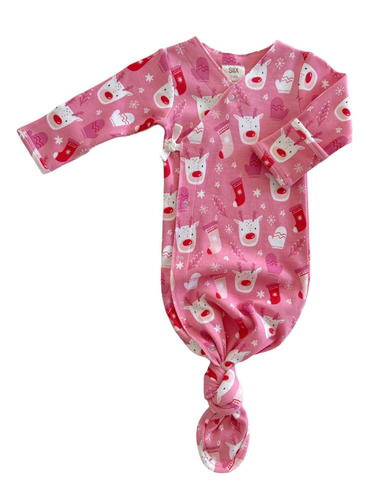 Pink newborn outfit featuring festive prints of reindeer and stockings, with a knotted bottom for easy dressing.
