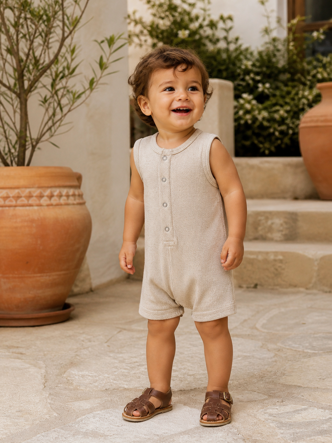 ROSIE LINEN ROMPERS ベージュ サロペット Sleeveless Tan Speckle Shortie Romper for Boys | Soft Cotton