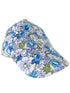 Colorful floral-patterned baseball cap featuring blue, green, and white flowers on a light background.