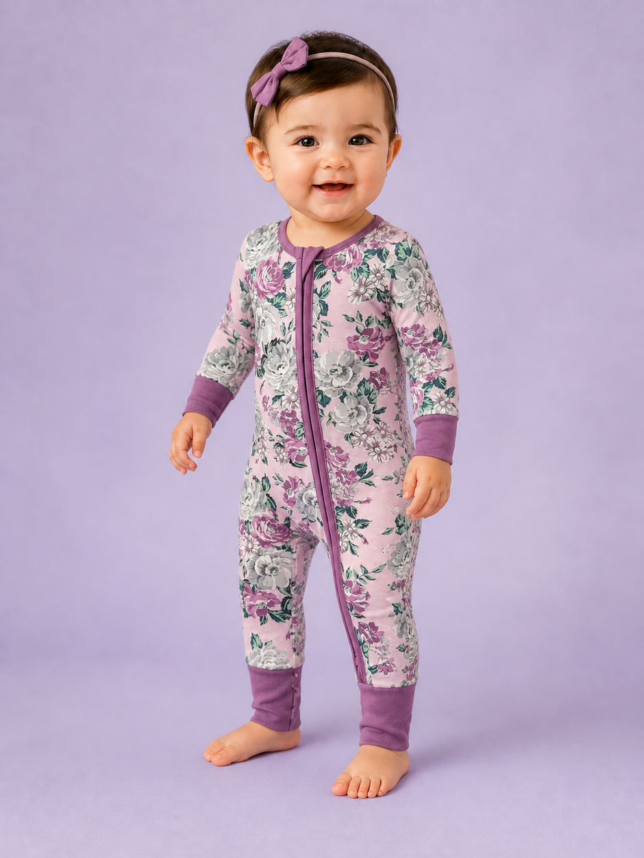 Smiling toddler in floral onesie and purple headband stands on a soft purple background.