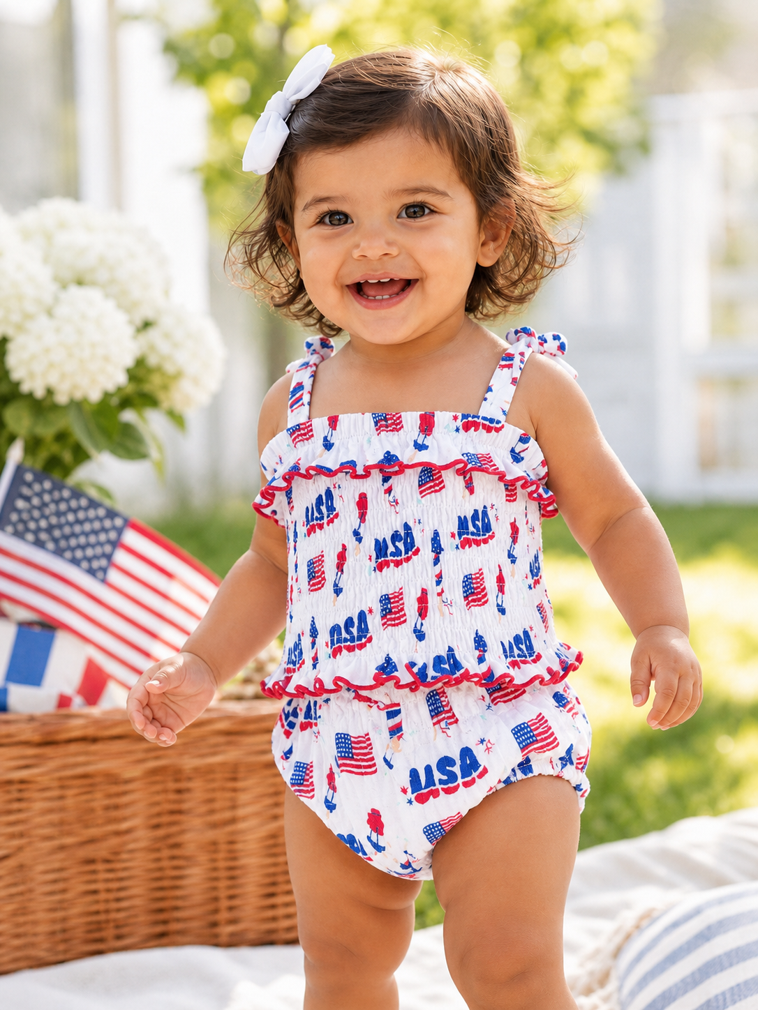Smiling toddler in patriotic swimsuit with USA print, standing outdoors near flags and flowers.