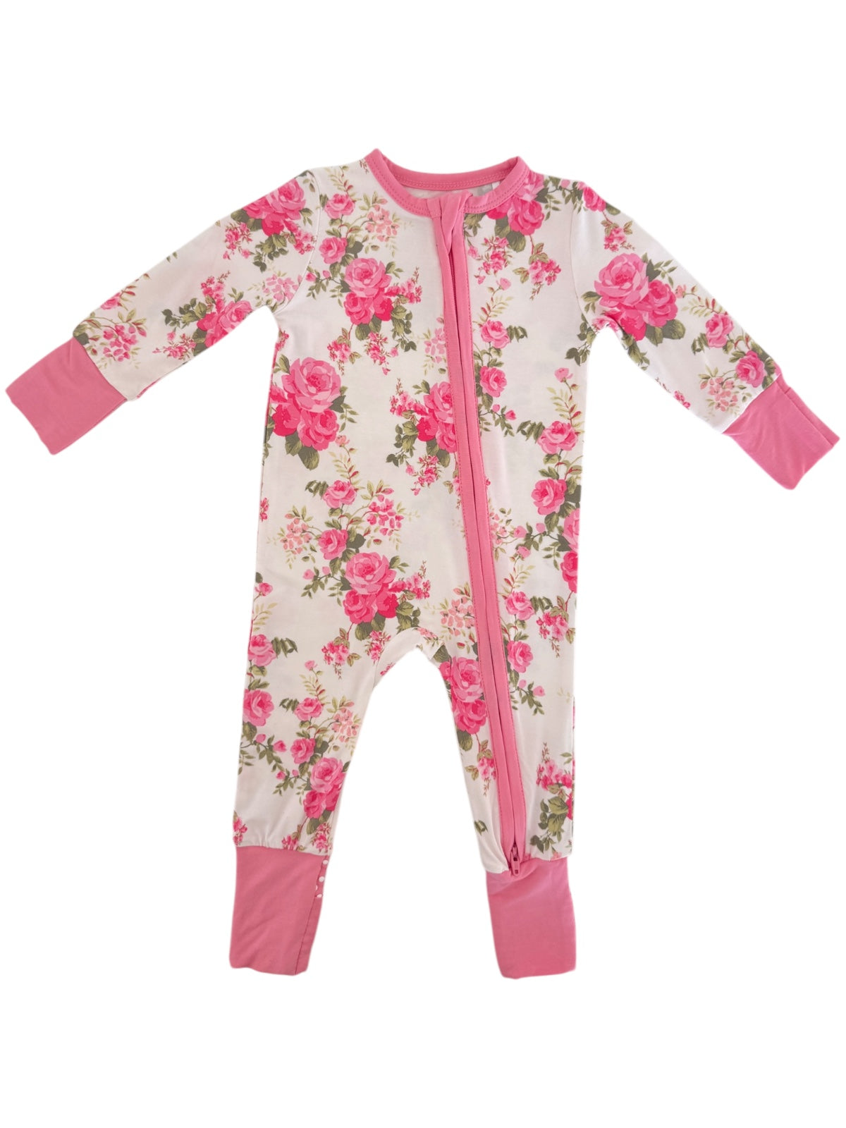 Floral baby onesie with pink cuffs and zipper, featuring a white background and pink rose patterns.