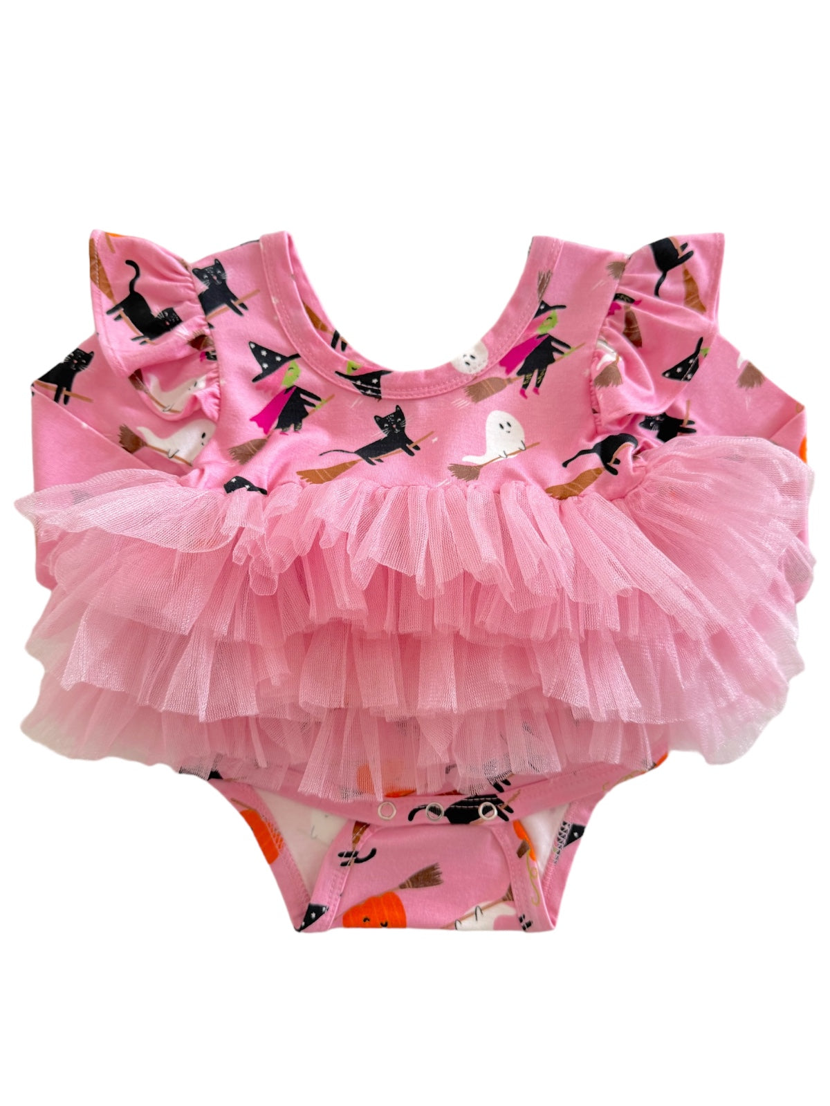 Pink toddler swimsuit with ruffled tulle and whimsical Halloween designs like cats and ghosts.