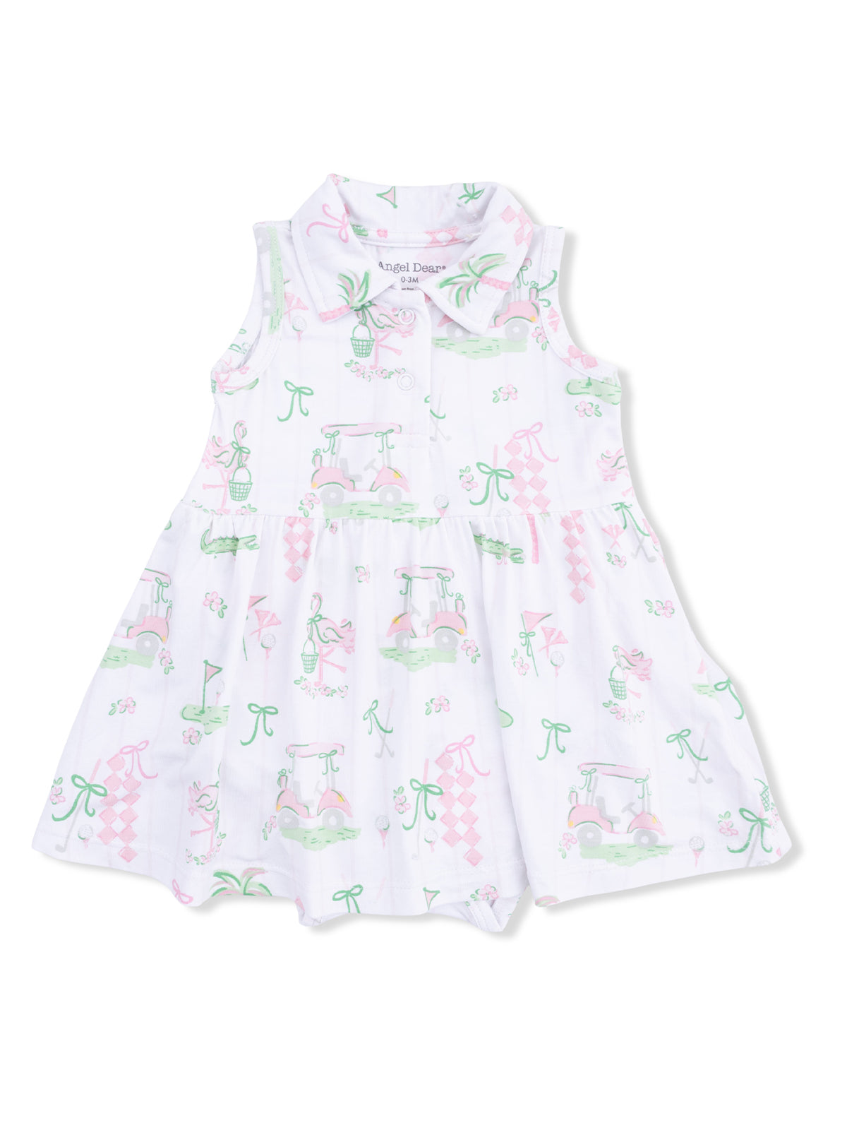 White dress with pastel golf-themed patterns, including carts, flowers, and ribbons. Suitable for casual wear.