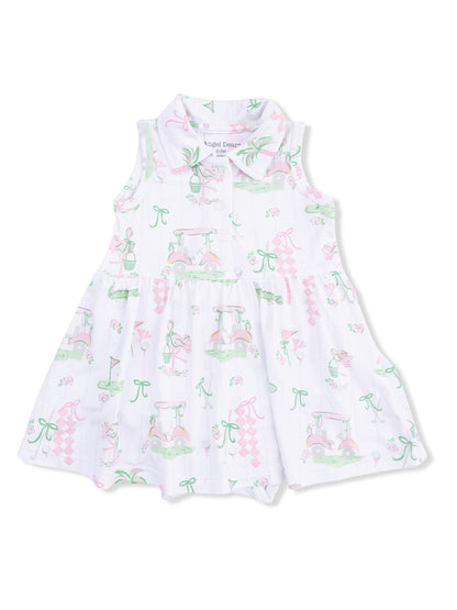 White dress with pastel golf-themed patterns, including carts, flowers, and ribbons. Suitable for casual wear.
