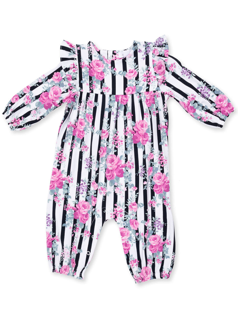 Ruffle Sleeve Romper, Cabbage Rose Stripe