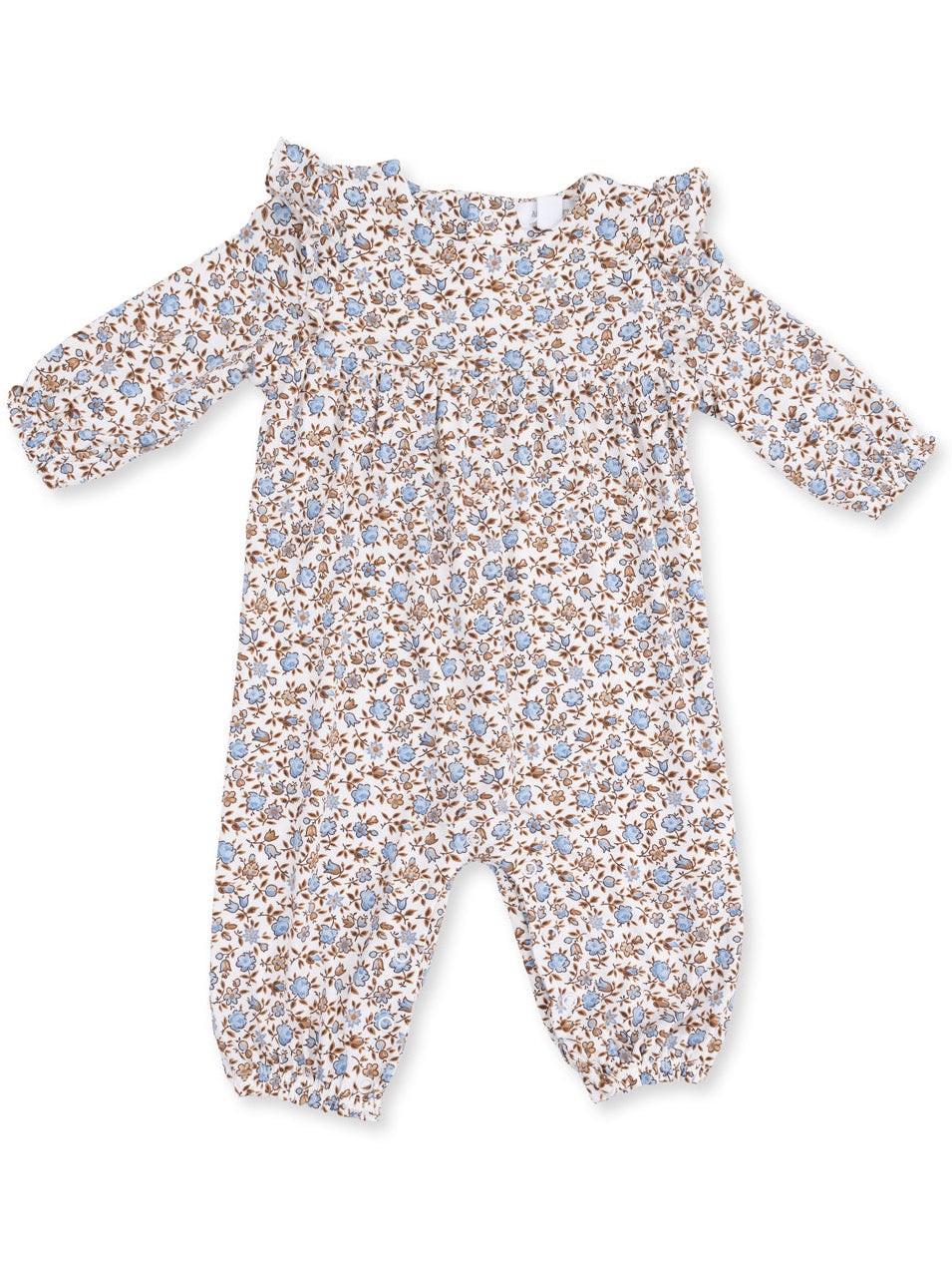 Floral baby romper with off-shoulder design, featuring blue flowers on a white background and elasticized cuffs.