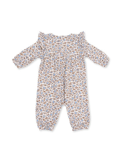 Floral baby romper with off-shoulder design and long sleeves in soft pastel colors. Ideal for casual wear.