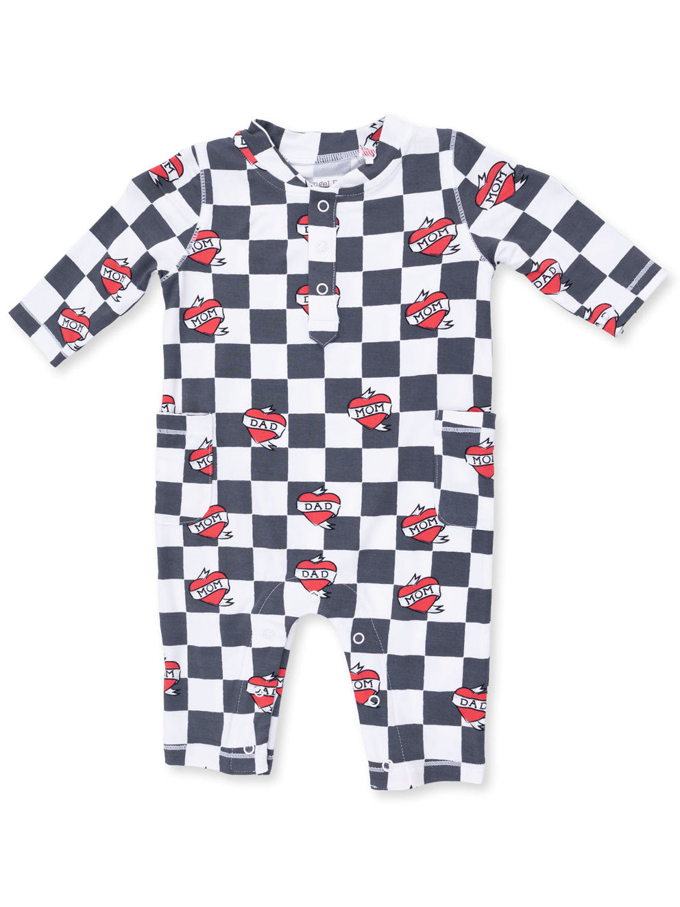 Black and white checkerboard onesie with red heart designs featuring "MOM" and "DAD" text. Long sleeves and snap closure.
