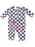 Black and white checkerboard onesie with red heart designs featuring "MOM" and "DAD" text. Long sleeves and snap closure.
