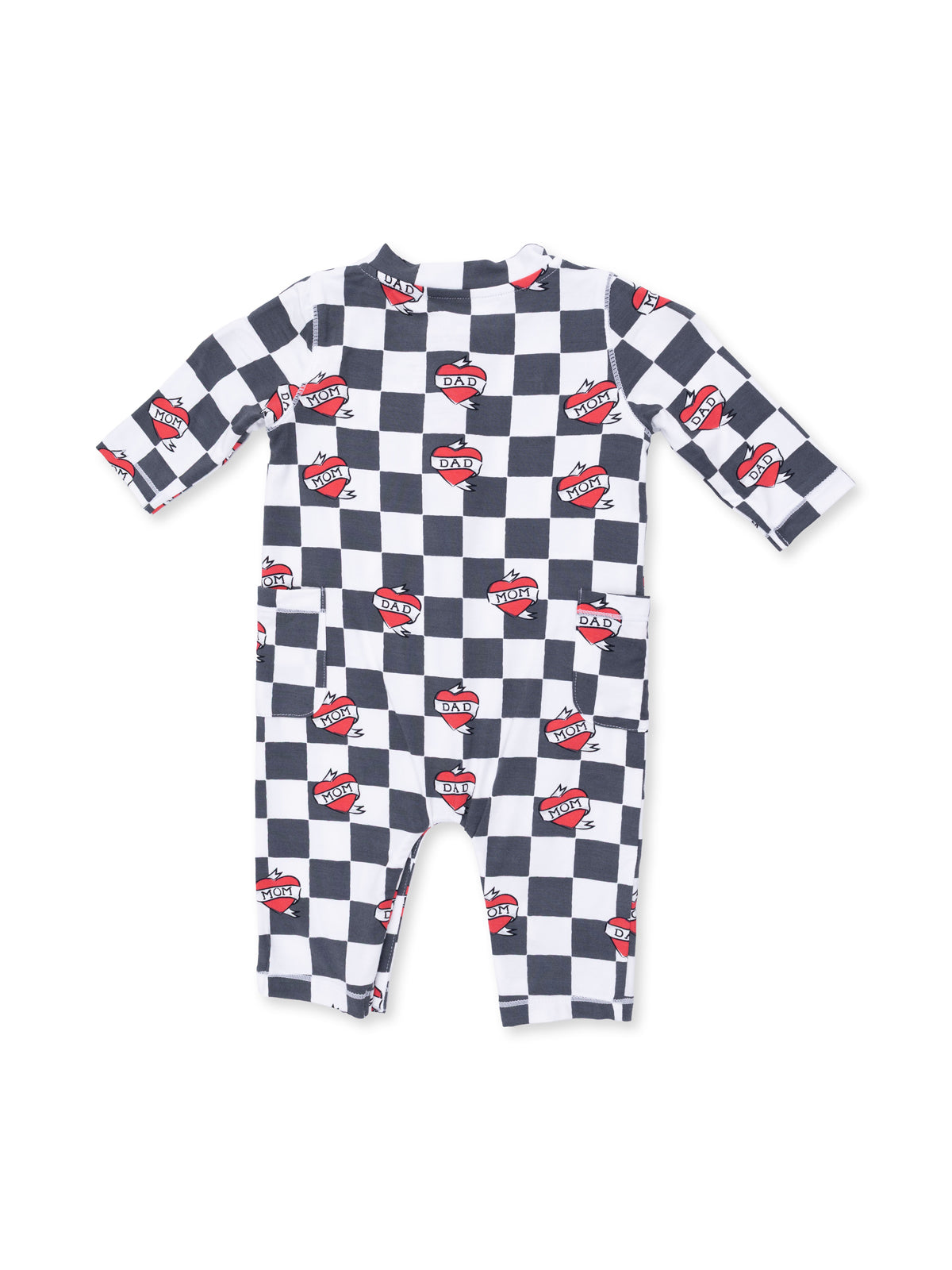 Black and white checkered romper with red heart graphics labeled "MOM" and "DAD."