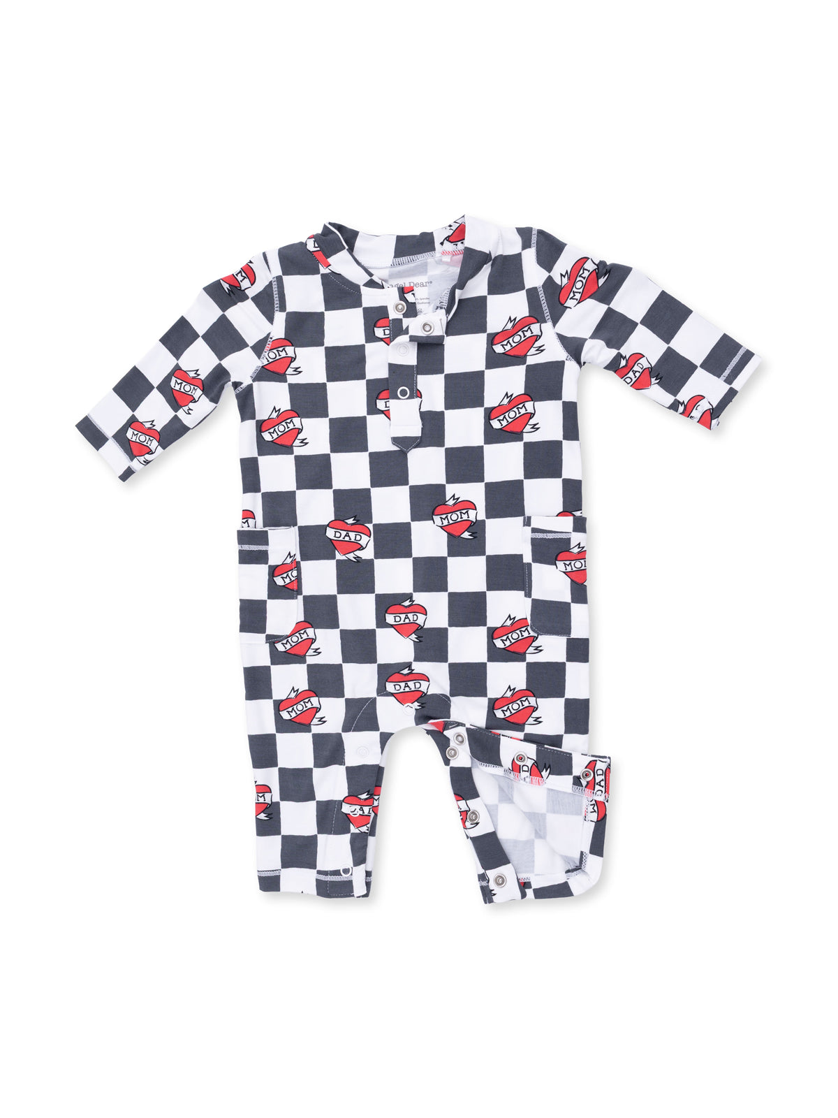 Black and white checkered baby romper with red heart patches labeled "MOM" and "DAD".
