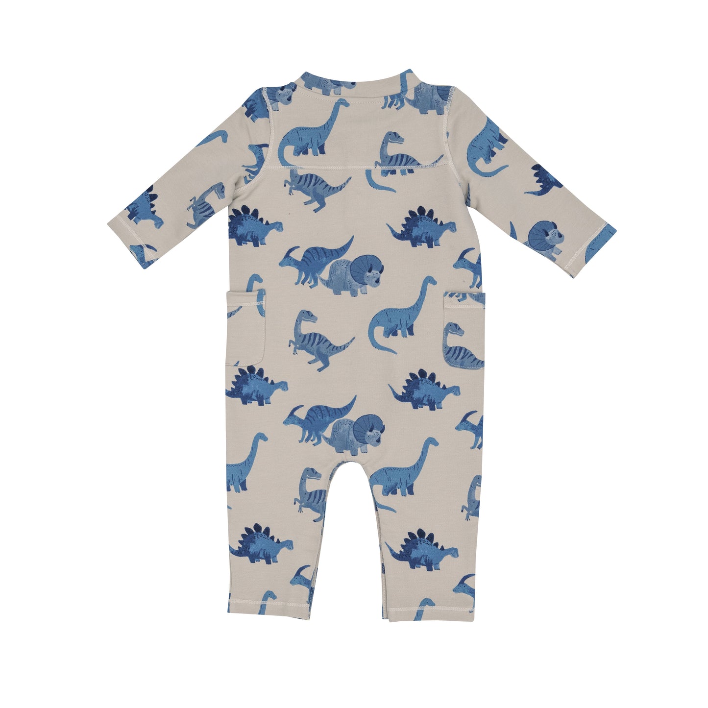 French Terry Henley Romper, Blue Dinos