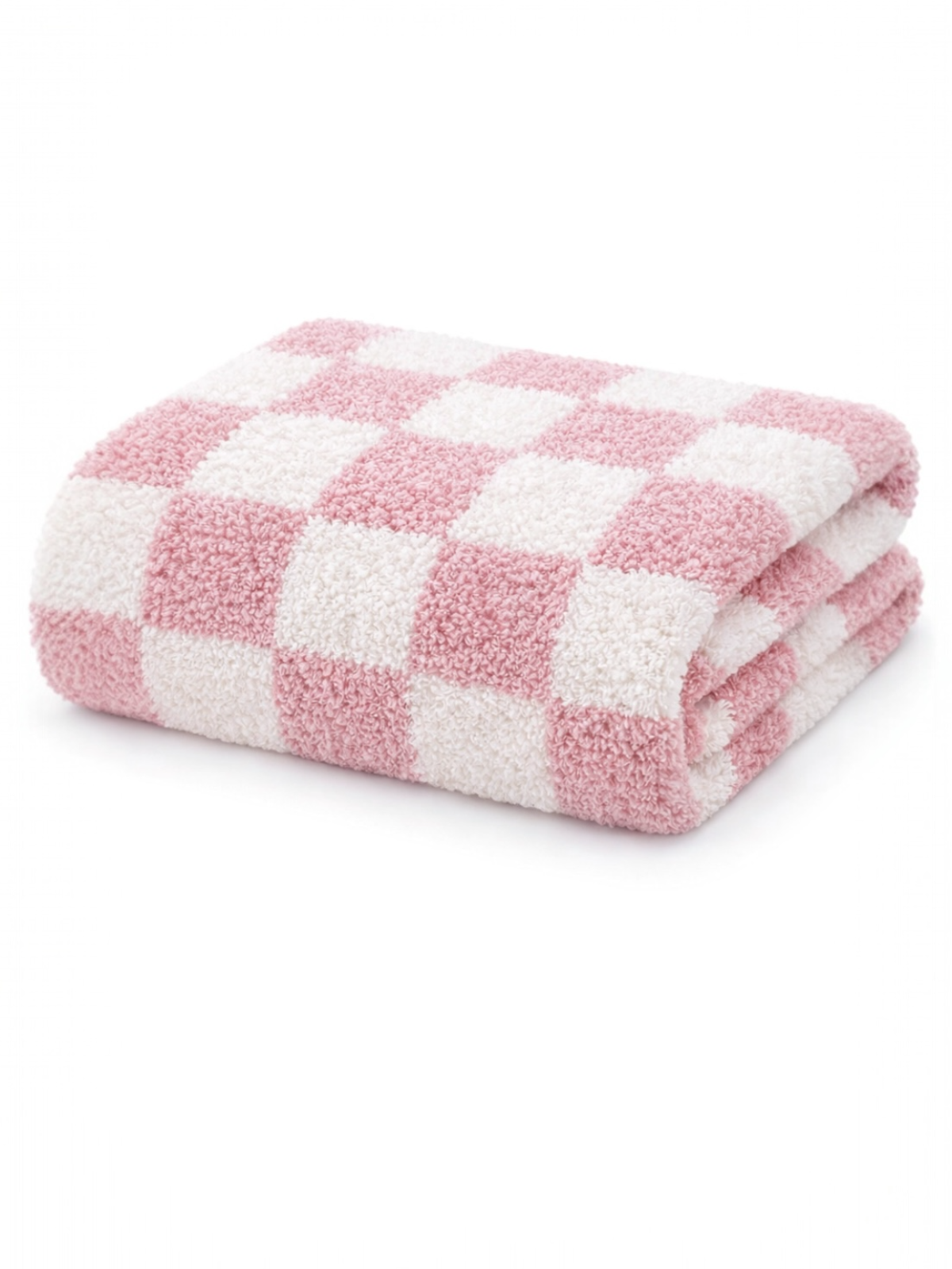 Folded pink and white checkered towel displayed on a light background. Soft, fluffy texture visible.