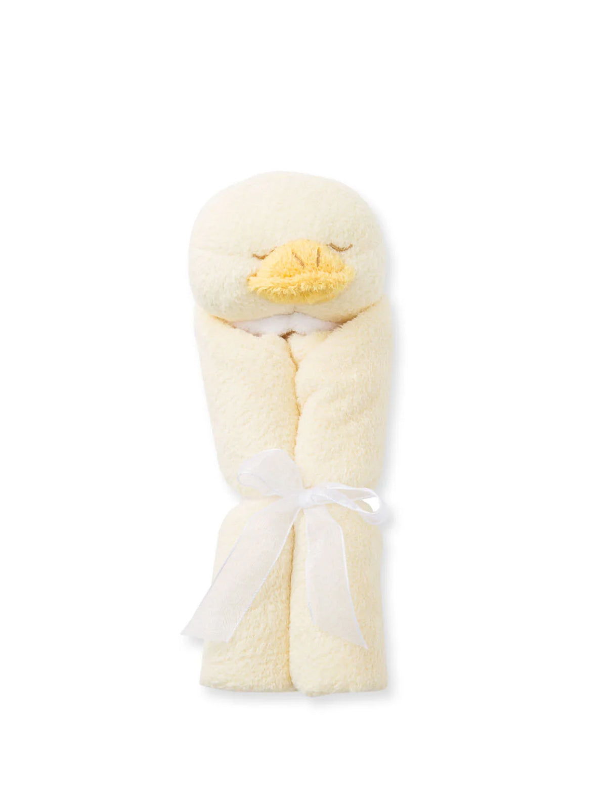 Soft yellow duck-shaped bathrobe with a tie, perfect for kids.