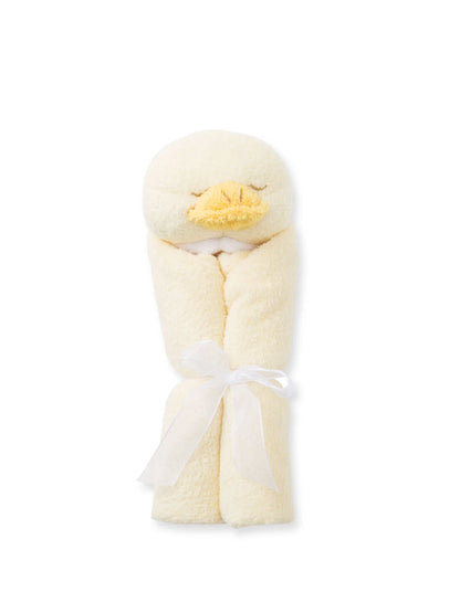 Soft yellow duck-shaped bathrobe with a tie, perfect for kids.