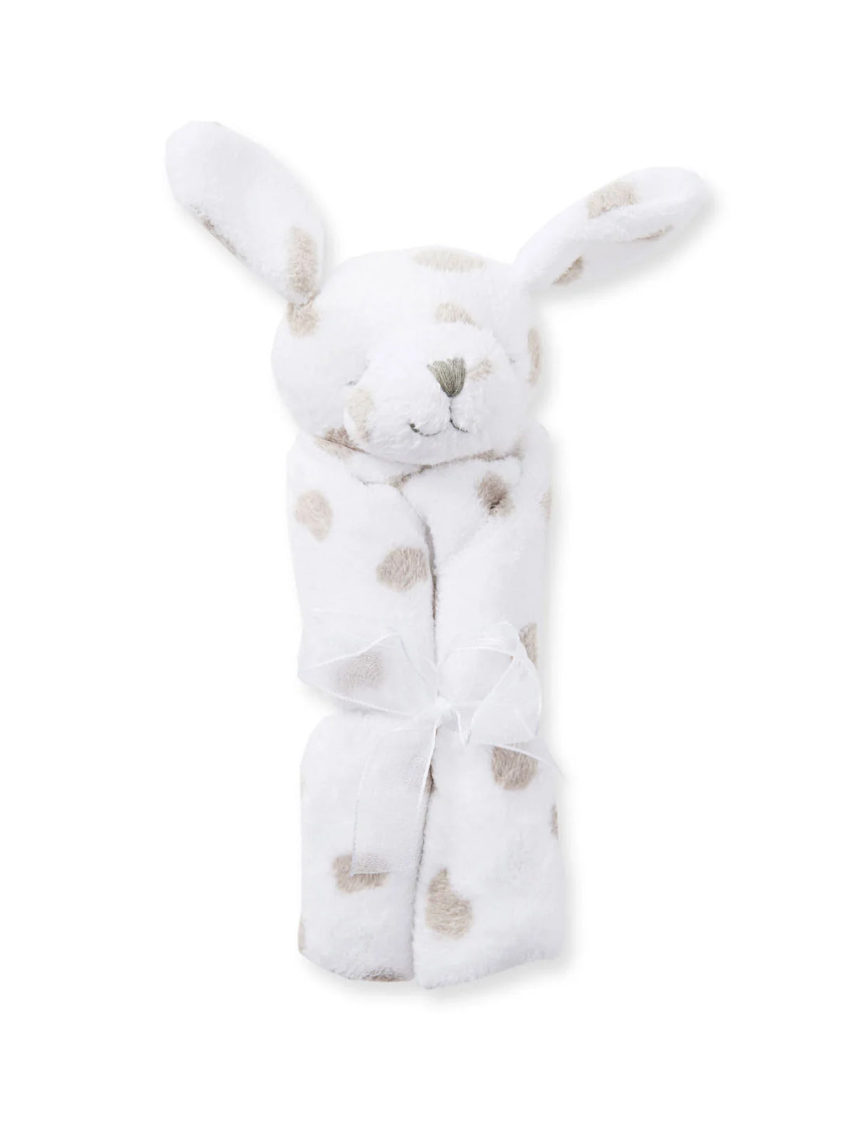 Plush bunny towel wrap with floppy ears and a soft, spotted design, tied with a ribbon for a cute presentation.