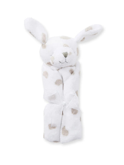 Plush bunny towel wrap with floppy ears and a soft, spotted design, tied with a ribbon for a cute presentation.