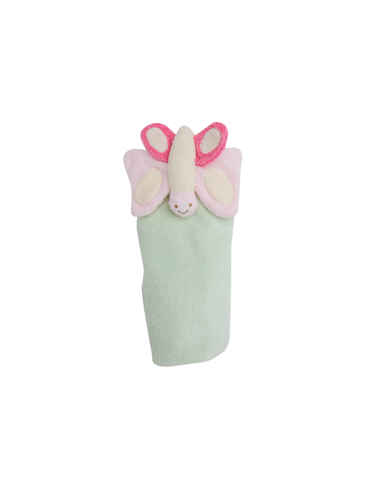 Green towel with pink and white butterfly design and smiling face, perfect for kids' bath time.