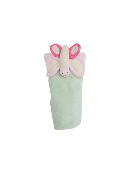 Green towel with pink and white butterfly design and smiling face, perfect for kids' bath time.
