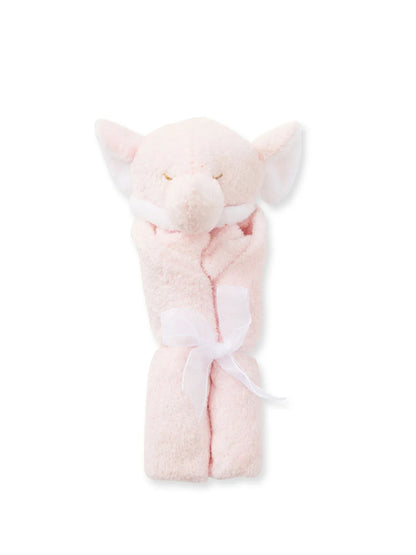 Soft pink elephant plush toy wrapped in a cozy blanket, tied with a ribbon. Ideal for comfort and cuddling.