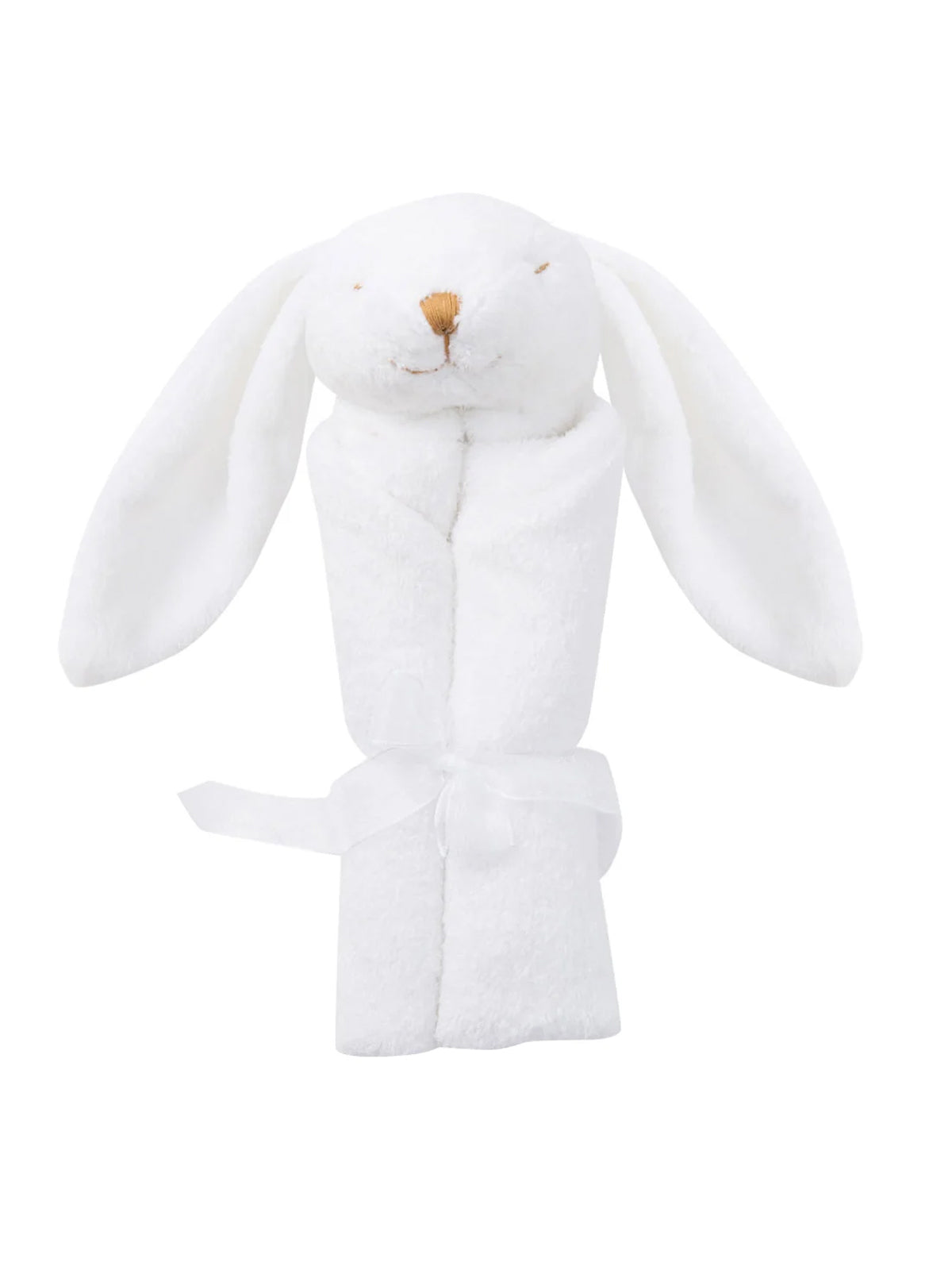 Soft white bunny plush wrapped in towel, featuring long ears and a smiling face with a brown nose.