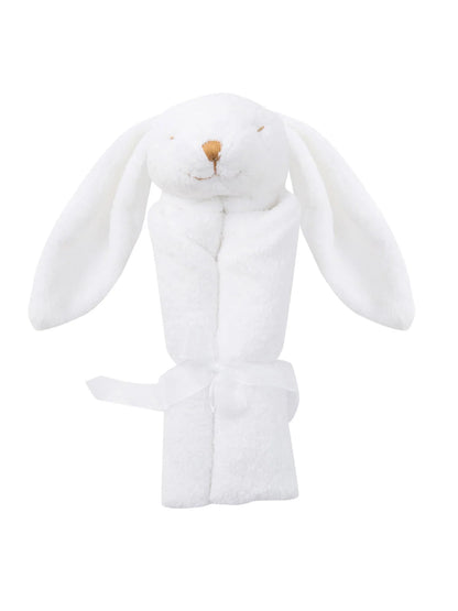 Soft white bunny plush wrapped in towel, featuring long ears and a smiling face with a brown nose.