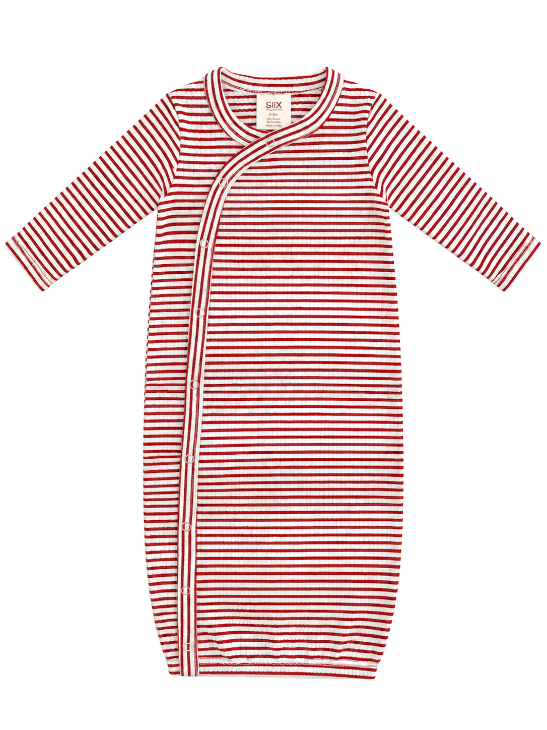 Red and white striped baby sleep sack with long sleeves and button closure. Soft, cozy fabric for comfort.