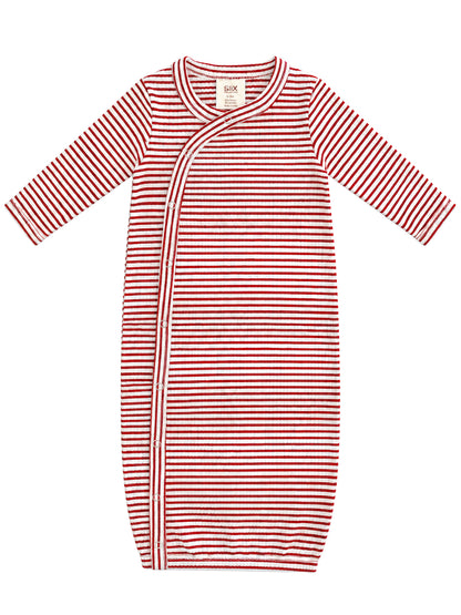 Red and white striped baby sleep sack with long sleeves and button closure. Soft, cozy fabric for comfort.