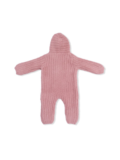 Chenille Hooded Romper with Striped Texture, Rose
