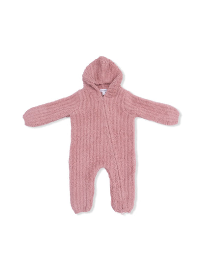 Chenille Hooded Romper with Striped Texture, Rose