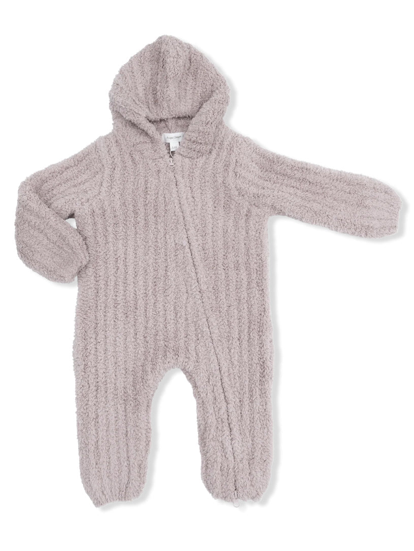 Chenille Hooded Romper with Striped Texture, Stone