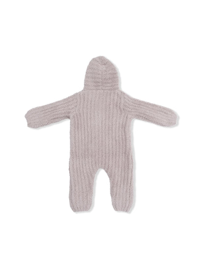 Chenille Hooded Romper with Striped Texture, Stone