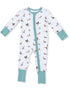 White baby onesie with bird prints and teal cuffs, featuring a front zipper closure.