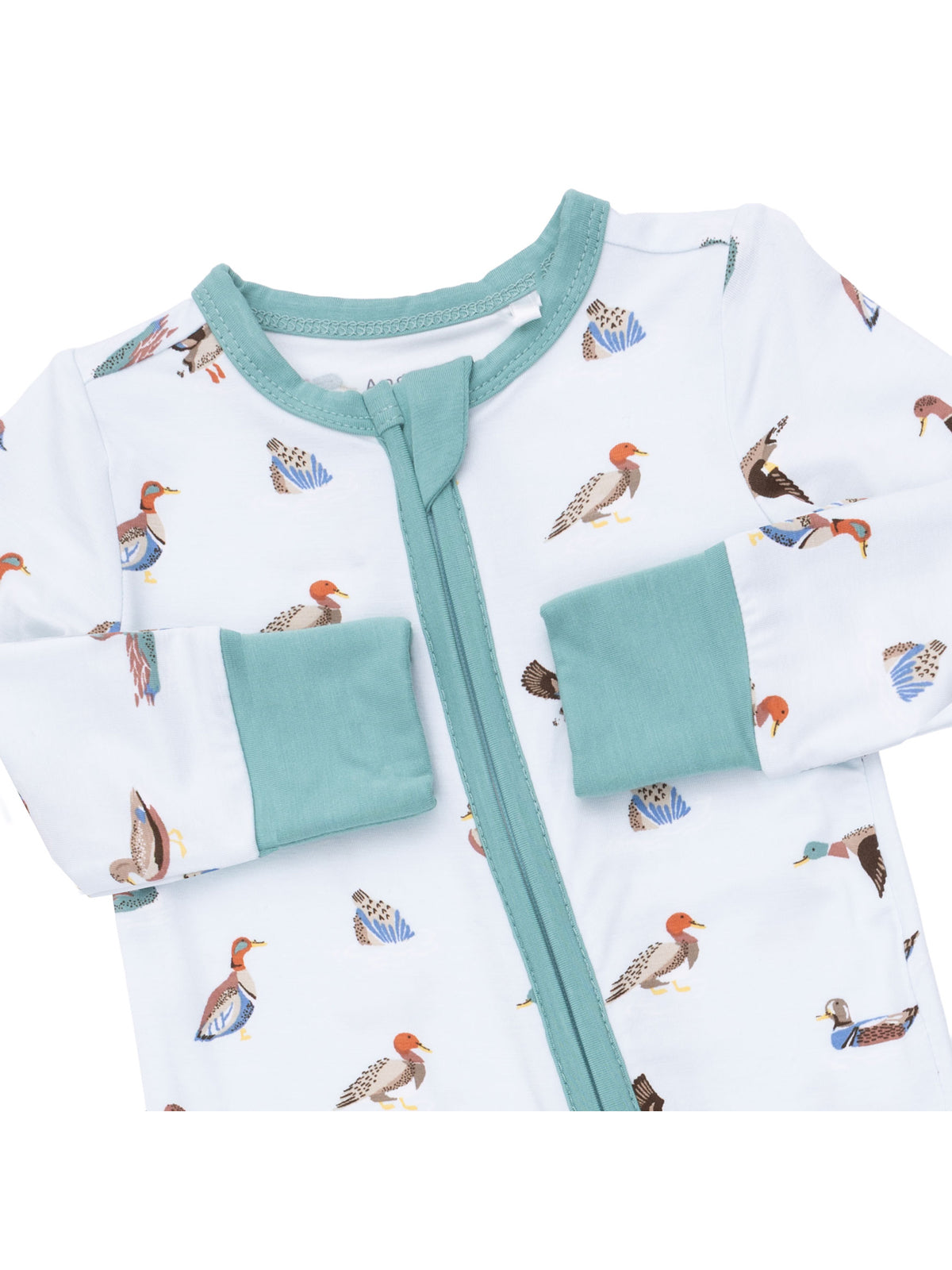 Toddler pajamas with a duck print, featuring a zip front and turquoise accents on sleeves and collar.