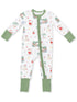 Christmas-themed baby onesie with festive prints and green accents, featuring Santa, palm trees, and holiday decorations.
