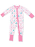 Pink and white onesie with Christmas tree and bow patterns, featuring a front zipper and footed legs.