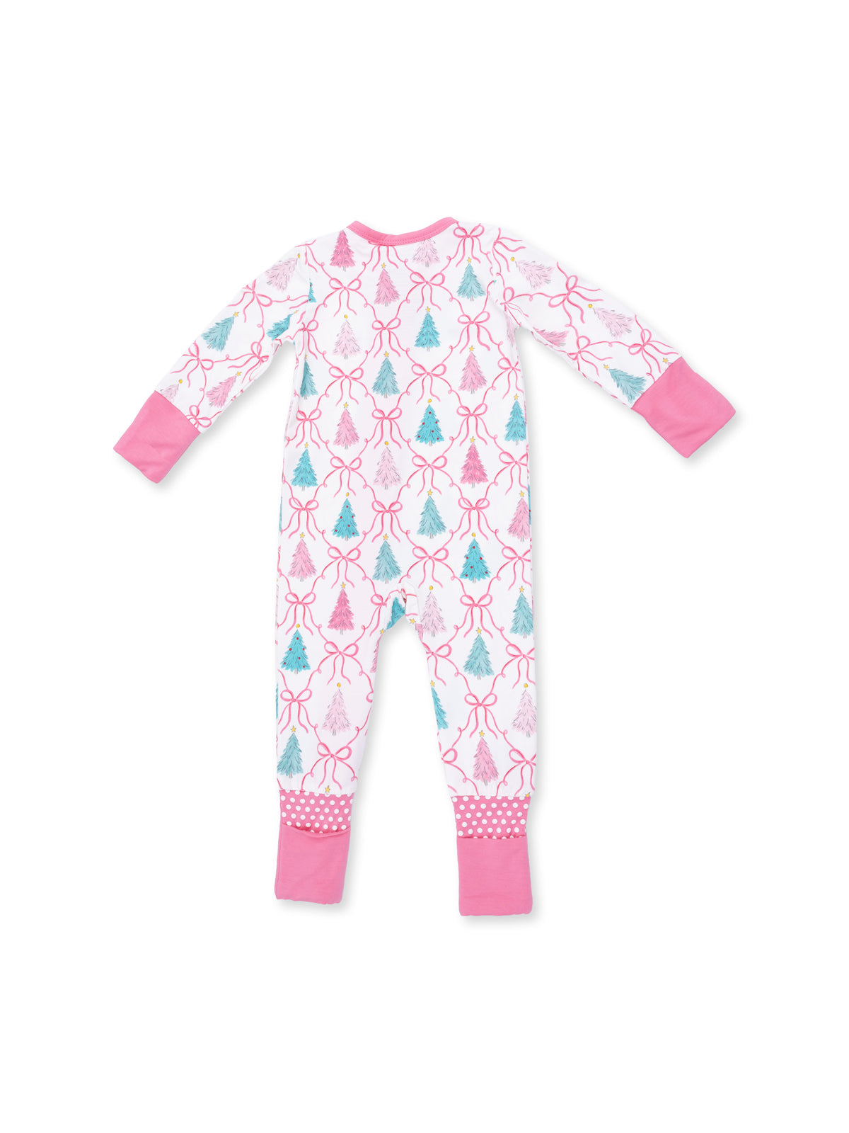 Pink and white long-sleeve pajamas with a festive tree and bow pattern, perfect for cozy nights.