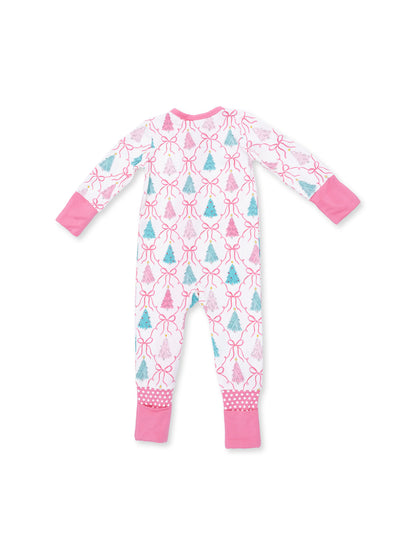 Pink and white long-sleeve pajamas with a festive tree and bow pattern, perfect for cozy nights.