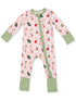 Pink children's pajamas with festive animal and holiday patterns, featuring long sleeves and a green trim.