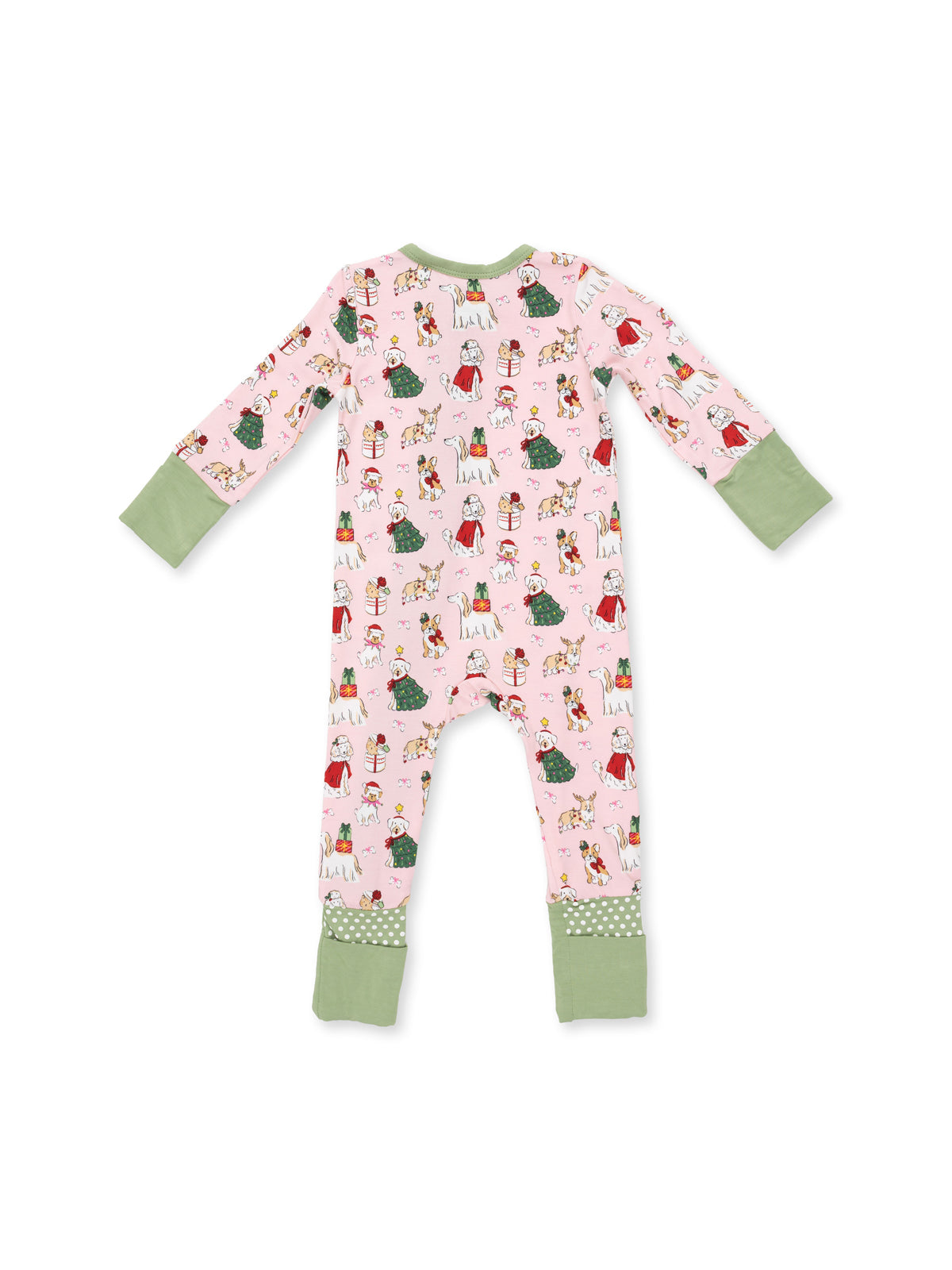 Toddler's pink pajamas with festive print featuring animals and holiday characters, view from the back.
