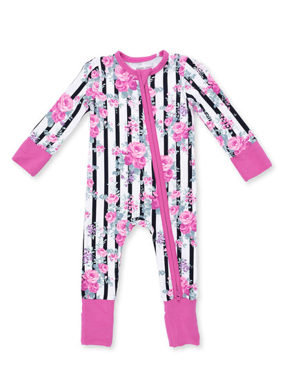 2-Way Zip Romper, Cabbage Rose Stripe