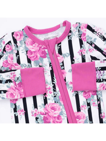2-Way Zip Romper, Cabbage Rose Stripe