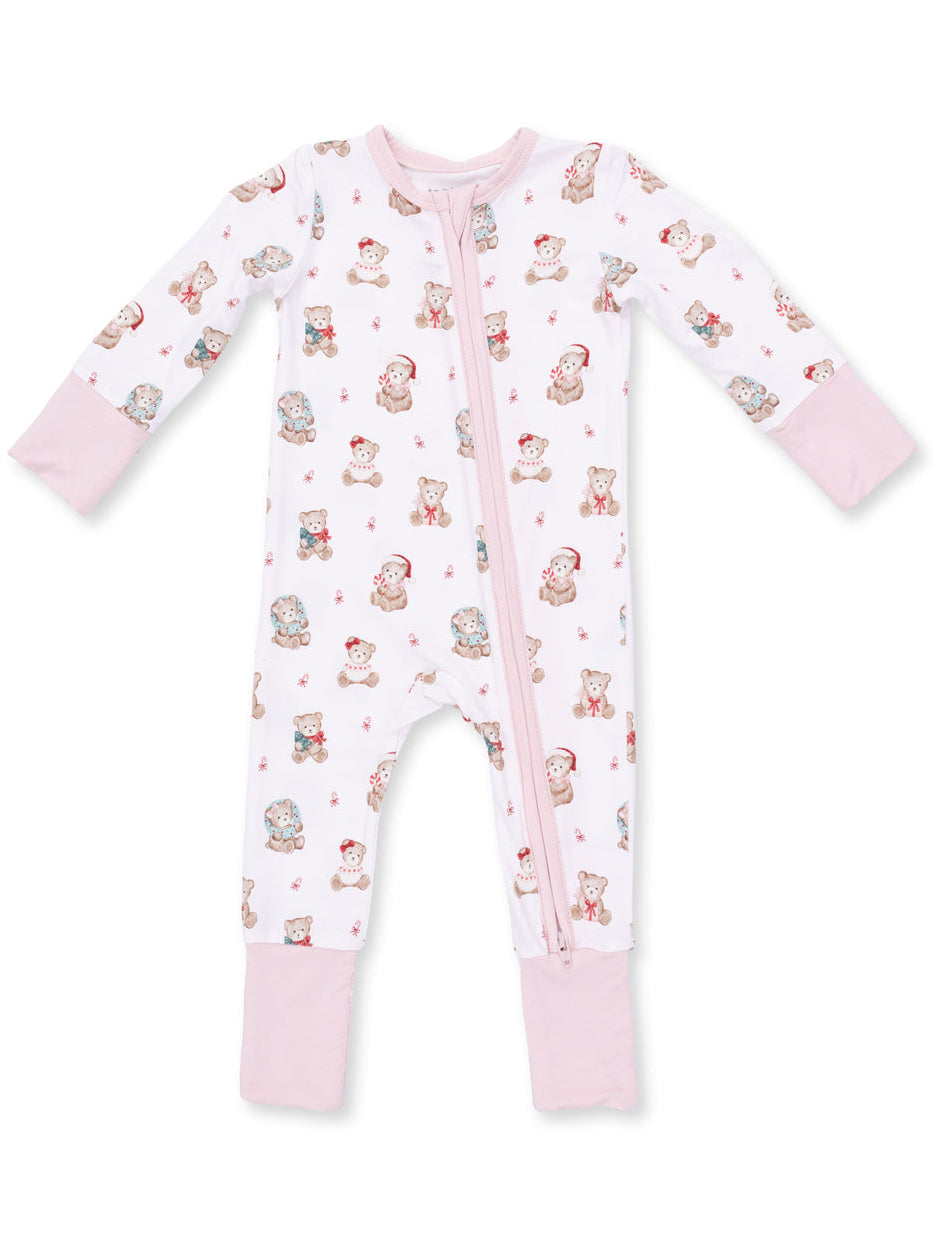 2-Way Zip Romper, Christmas Teddy Bears Pink