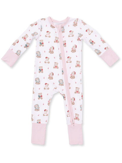 2-Way Zip Romper, Christmas Teddy Bears Pink