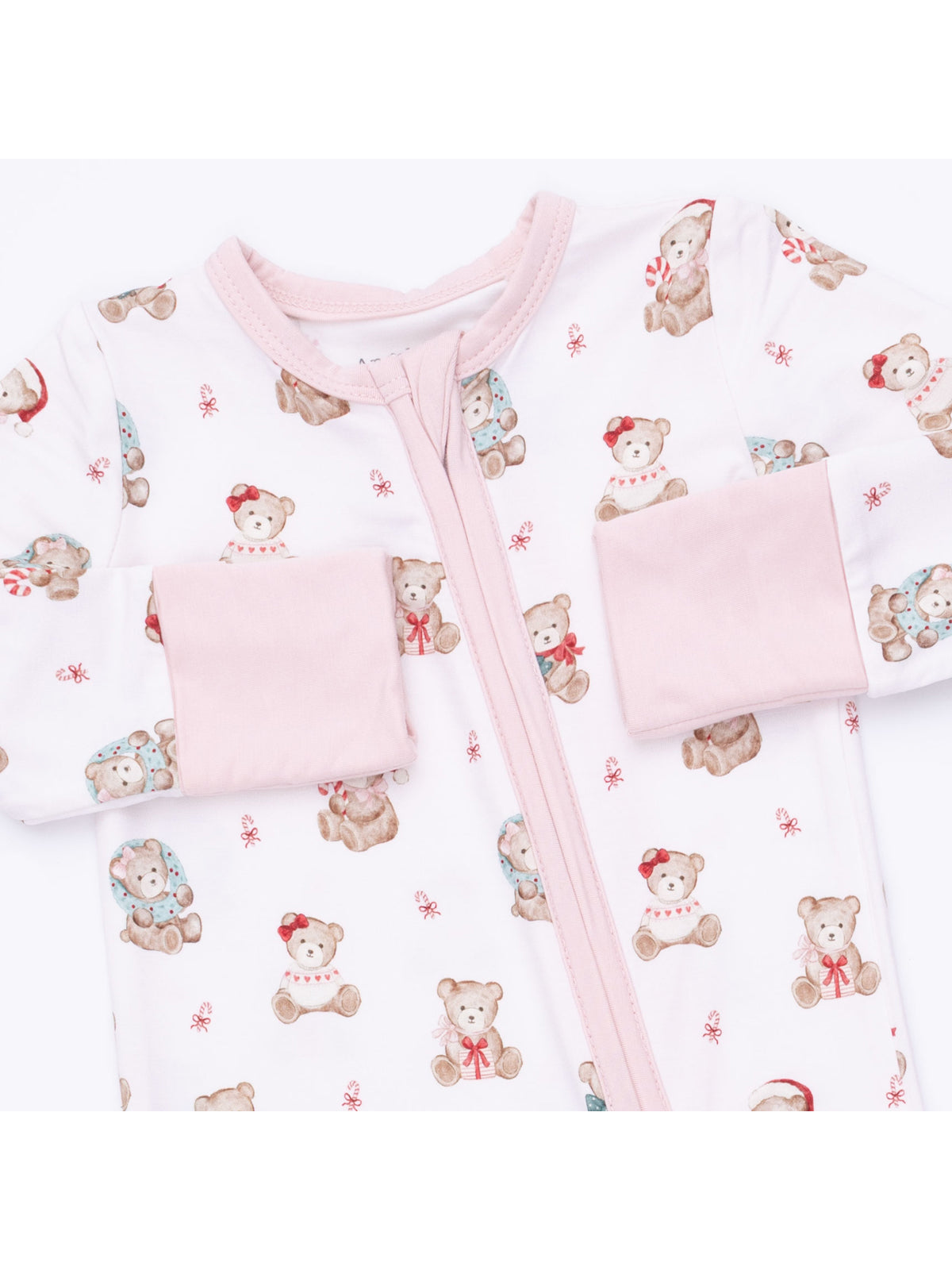 2-Way Zip Romper, Christmas Teddy Bears Pink