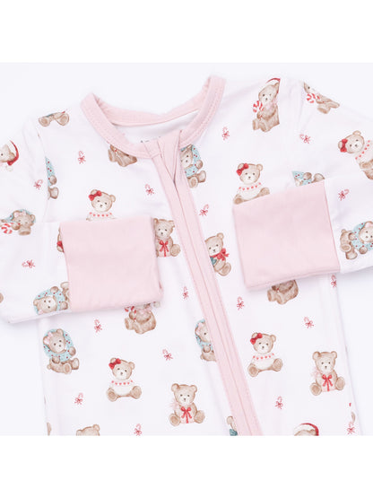 2-Way Zip Romper, Christmas Teddy Bears Pink