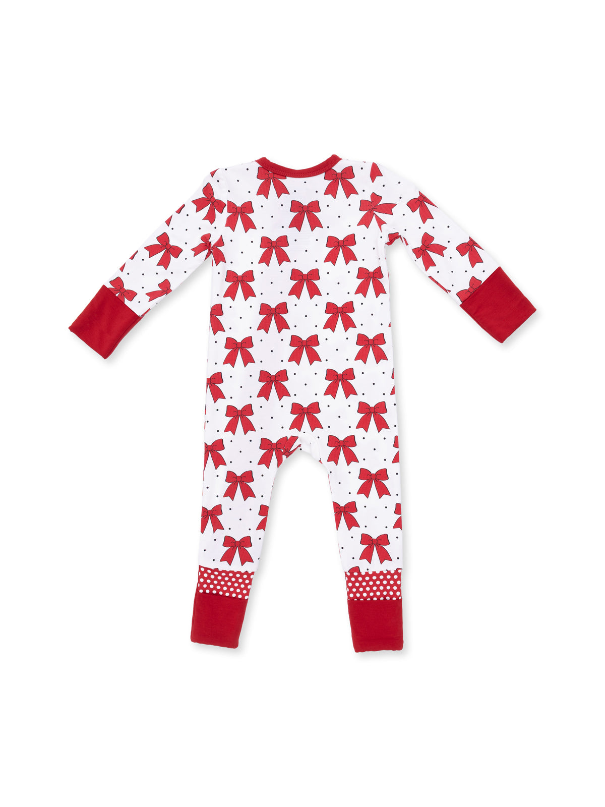 Red and white one-piece pajama adorned with bows and polka dots, featuring red cuffs and ankle details.