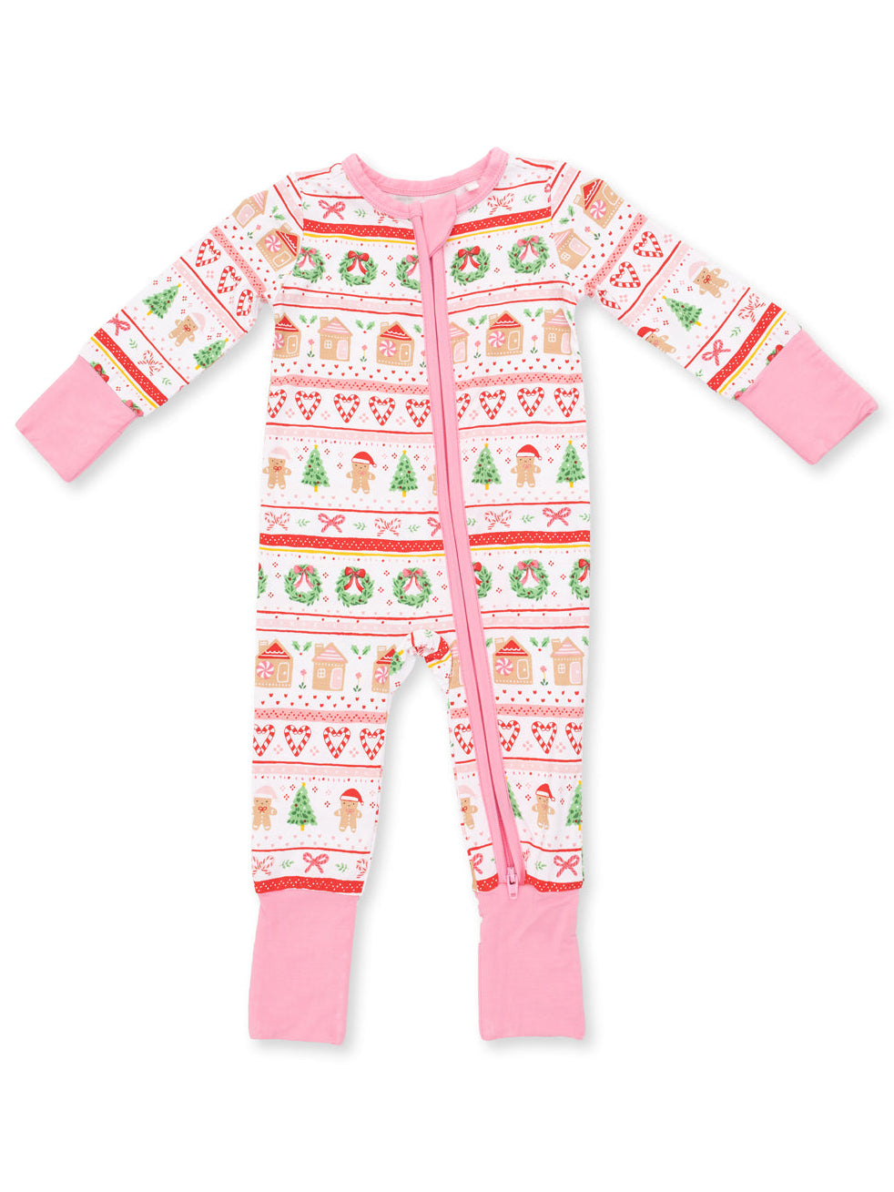 Pink holiday-themed infant pajama, featuring festive patterns of trees, gingerbread, and candy. Suitable for winter.