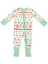 Christmas-themed toddler onesie with festive prints of trees, candy canes, and gingerbread figures.